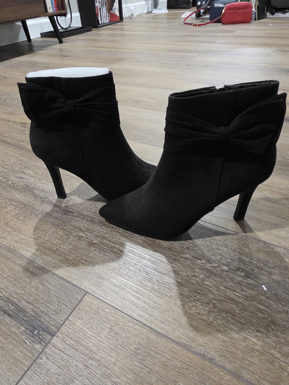 Jones New York Black Suede Pointed-Toe Ankle Boots with Bow
